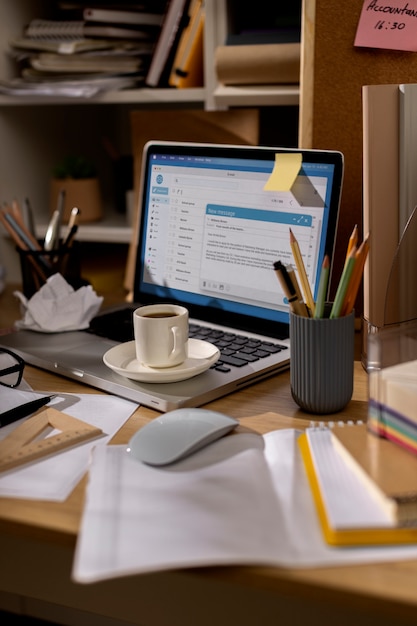 Foto grátis vista da mesa de escritório com espaço de trabalho bagunçado e laptop