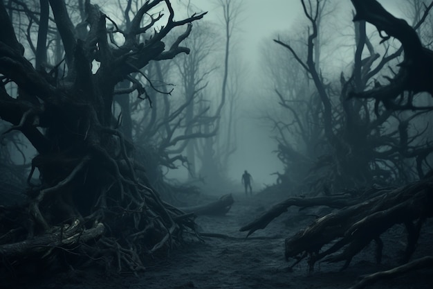 Vista da misteriosa floresta nevoenta