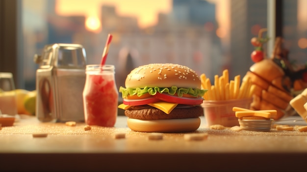 Vista da refeição de hambúrguer 3d com batatas fritas