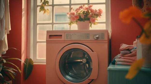 Foto grátis vista da sala de lavanderia com máquina de lavar roupa e cores retrô
