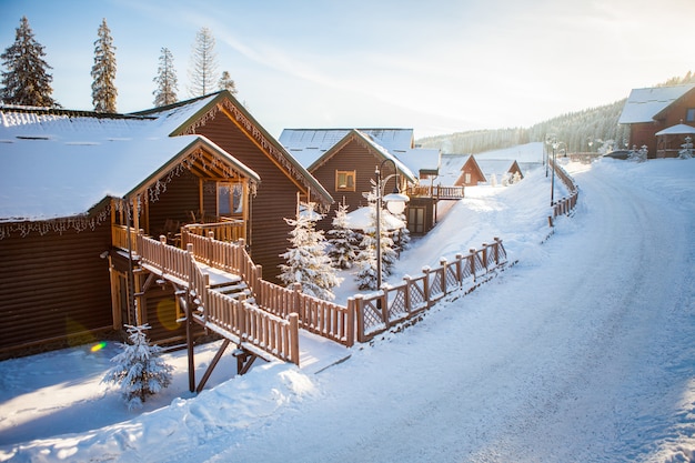 Vista das belas montanhas nevadas, florestas