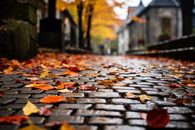 Vista das folhas de outono secas caídas na calçada da rua