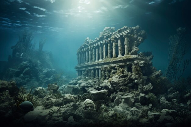 Vista das ruínas arqueológicas de edifícios subaquáticos