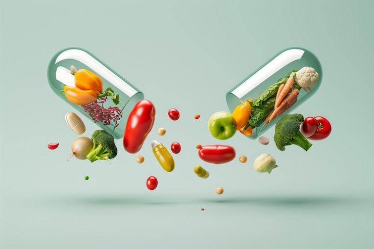 Foto grátis vista de alimentos saudáveis encapsulados em recipientes em forma de pílula