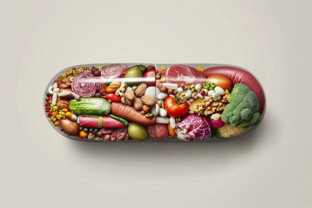 Foto grátis vista de alimentos saudáveis encapsulados em recipientes em forma de pílula