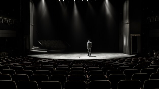 Vista de assentos de teatro em preto e branco