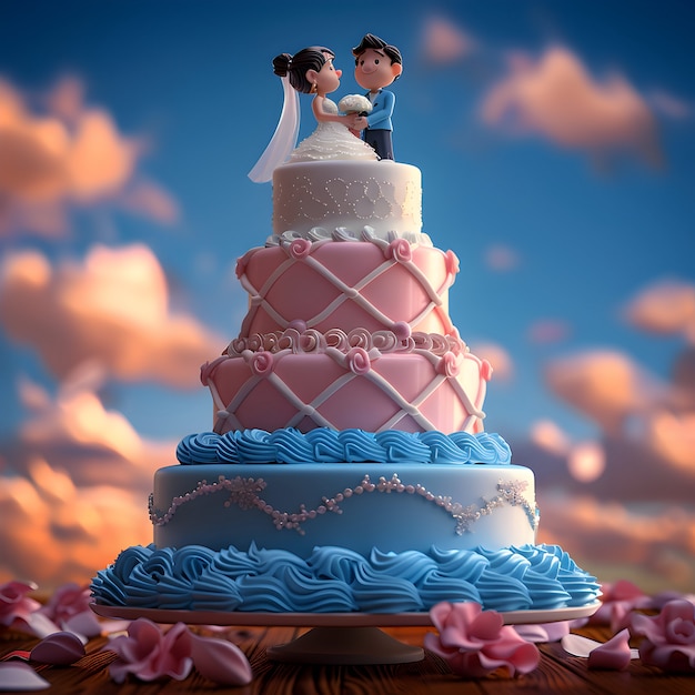 Foto grátis vista de bolo de casamento 3d com decorações e ornamentos