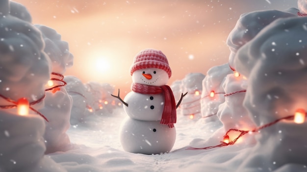 Vista de boneco de neve com paisagem de inverno e neve
