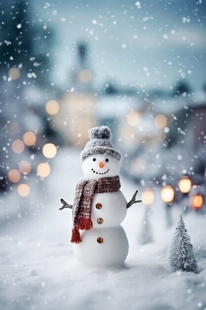 Vista de boneco de neve com paisagem de inverno e neve