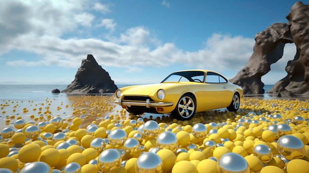 Vista de carro tridimensional com esferas abstratas de fundo