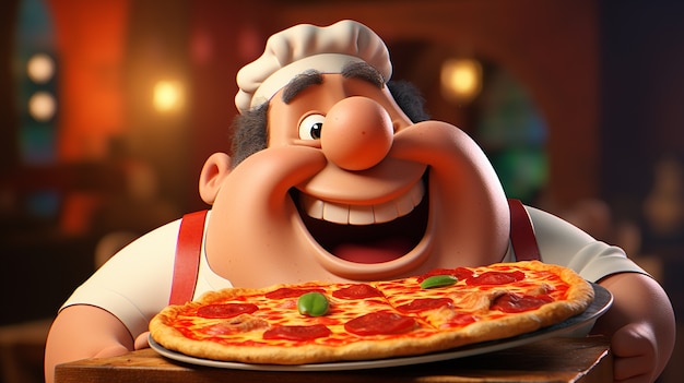 Vista de chef de desenho animado com uma deliciosa pizza 3d