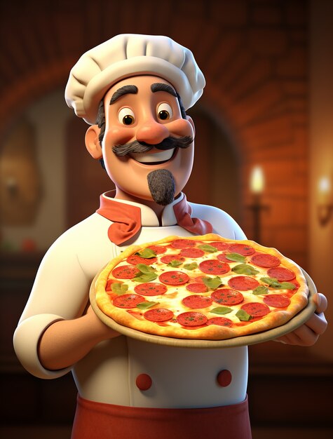 Vista de chef de desenho animado com uma deliciosa pizza 3D