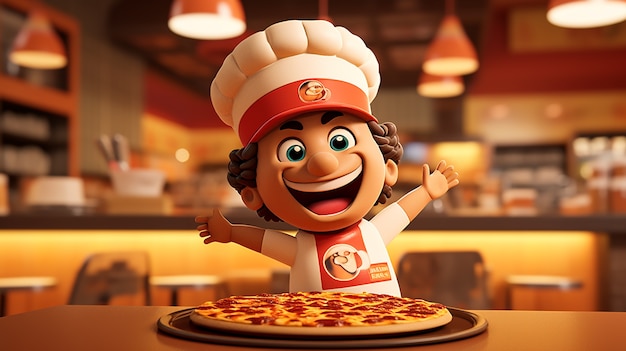 Vista de chef de desenho animado com uma deliciosa pizza 3d