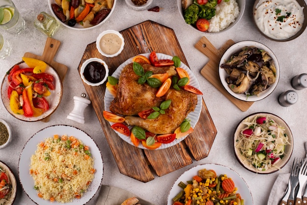 Vista de cima da mesa cheia de deliciosas composições de alimentos