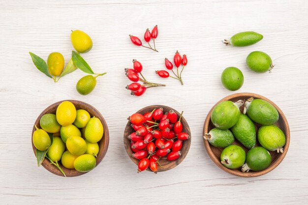 Vista de cima diferentes frutas frescas dentro de pratos no fundo branco dieta madura exótica cor vida saudável tropical