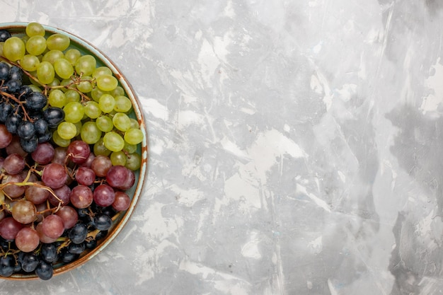 Vista de cima diferentes uvas suculentas frutas ácidas suaves na mesa branca