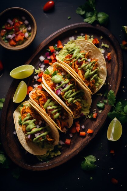 Vista de cima do delicioso arranjo de tacos