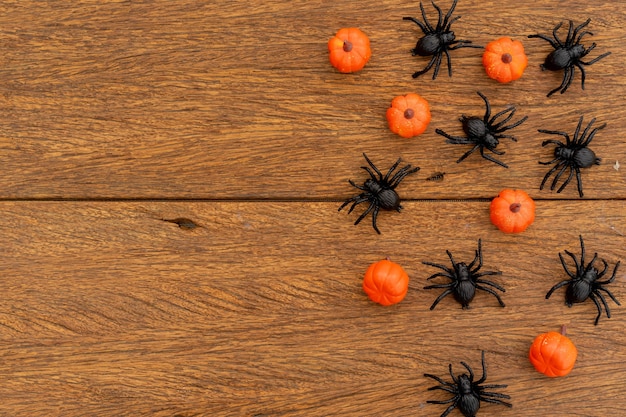 Vista de cima grupo aranhas de caça pretas e abóboras colocadas no fundo da mesa de madeira retrô marrom