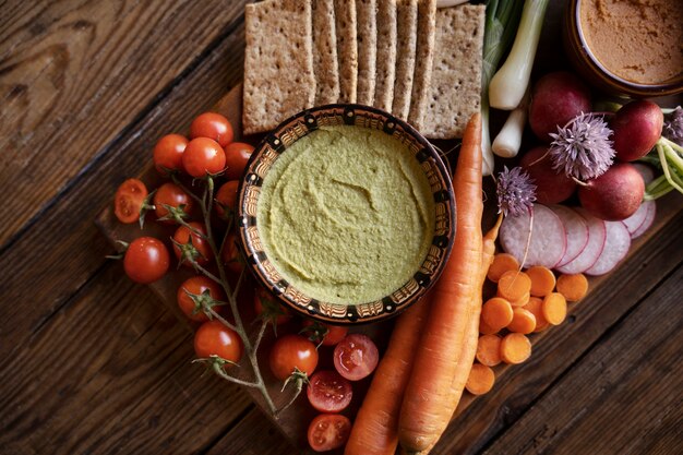 Vista de cima sobre o hummus colorido