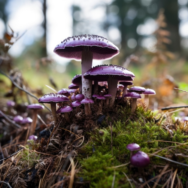 Vista de cogumelos roxos na natureza