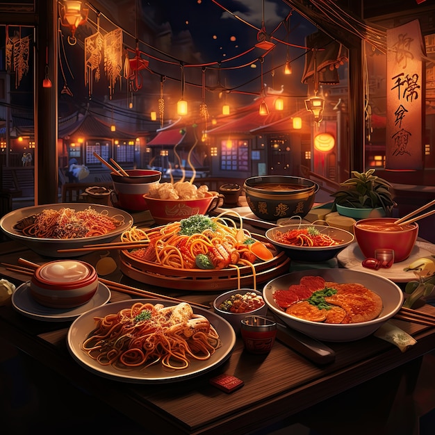 Foto grátis vista de comida deliciosa para o jantar de reunião em estilo anime