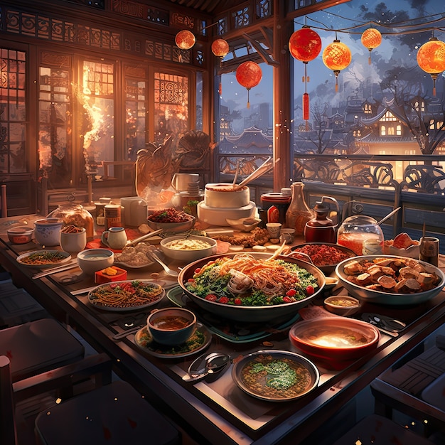 Foto grátis vista de comida deliciosa para o jantar de reunião em estilo anime