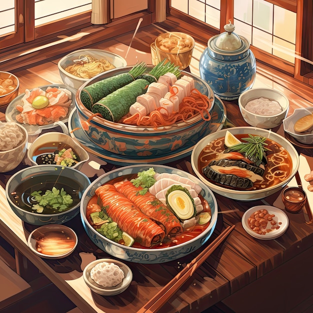 Foto grátis vista de comida deliciosa para o jantar de reunião em estilo anime