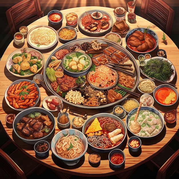 Foto grátis vista de comida deliciosa para o jantar de reunião em estilo anime