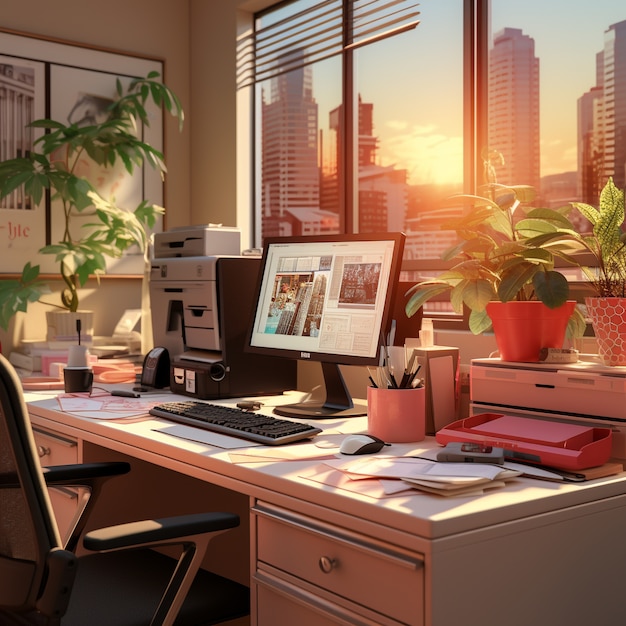Vista de computador pessoal 3D com estação de trabalho e itens de escritório