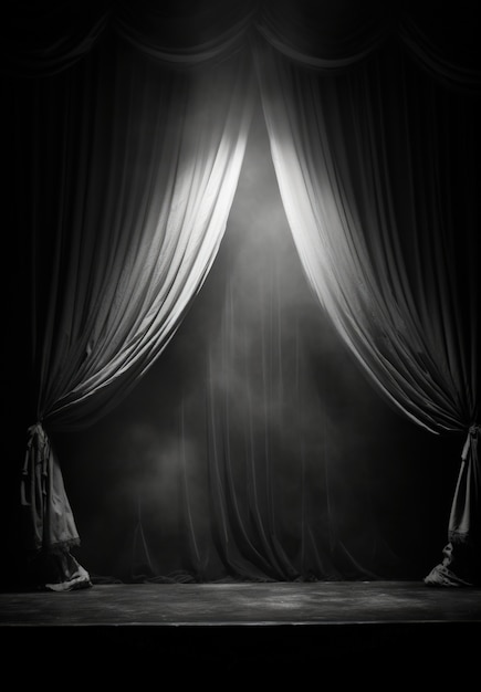 Vista de cortinas de palco de teatro em preto e branco