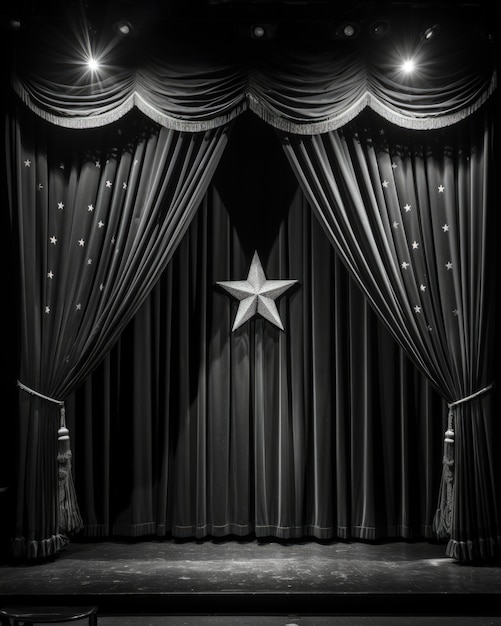 Vista de cortinas de palco de teatro em preto e branco