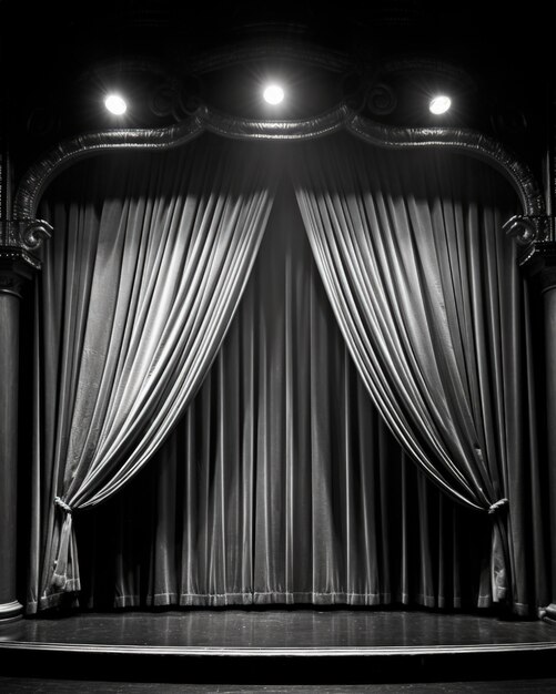 Vista de cortinas de palco de teatro em preto e branco