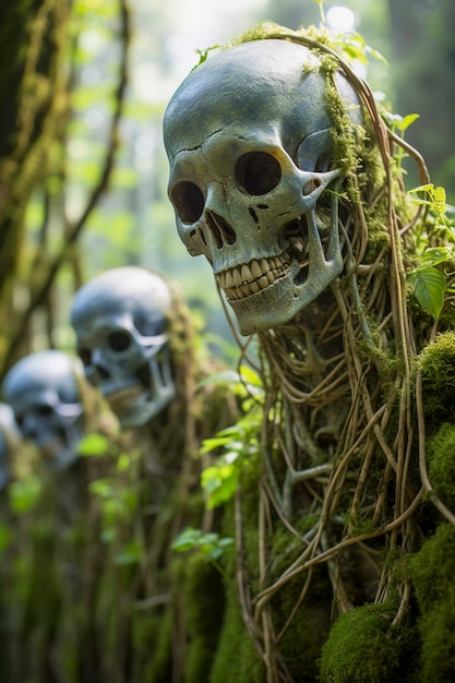Vista de crânios de esqueleto com vegetação