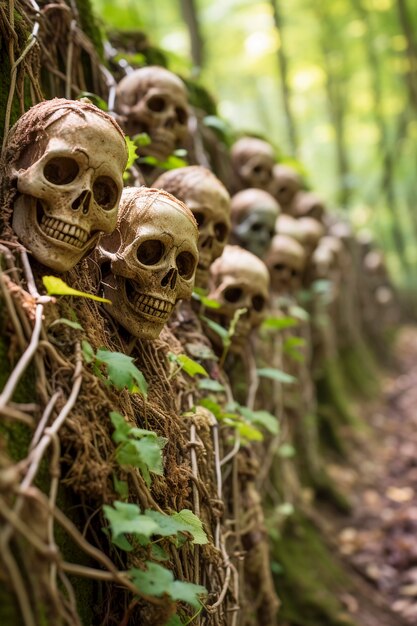Vista de crânios de esqueleto com vegetação