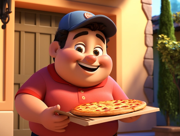 Vista de criança de desenho animado com uma deliciosa pizza 3D