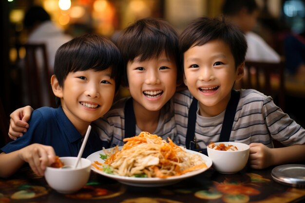 Vista de crianças assistindo ao jantar de reunião do Ano Novo chinês