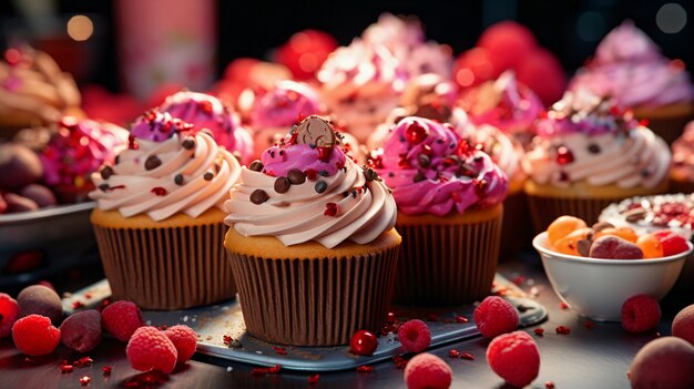 Vista de deliciosas e doces sobremesas de cupcake com glacê