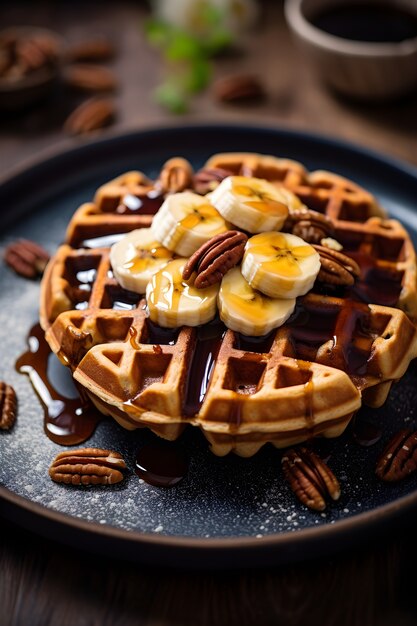 Vista de deliciosos waffles com rodelas de banana e calda