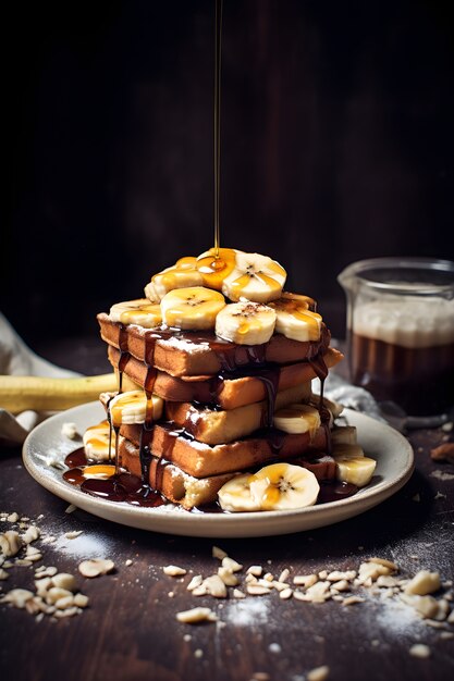 Vista de deliciosos waffles com rodelas de banana e calda
