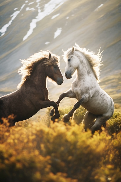 Vista de dois cavalos na natureza