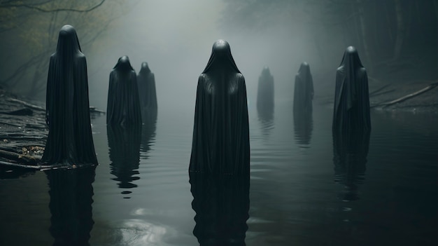 Vista de entidades misteriosas no lago nebuloso