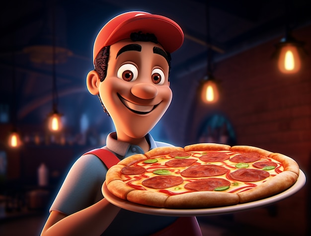 Vista de entregador de desenhos animados com uma deliciosa pizza 3d