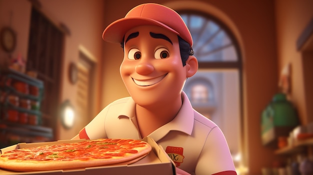 Foto grátis vista de entregador de desenhos animados com uma deliciosa pizza 3d