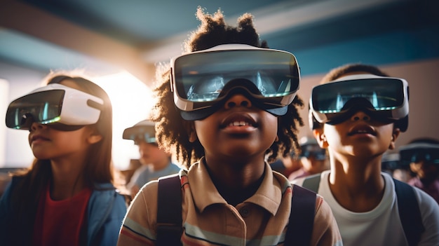 Vista de jovens estudantes com óculos vr