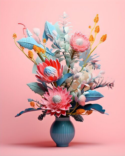 Vista de lindas flores 3d em vaso