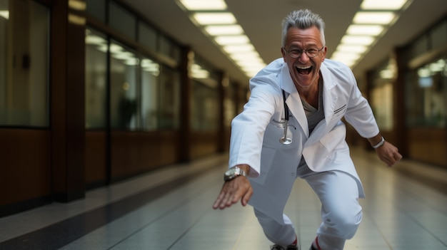 Vista de médico engraçado em patins de rolos