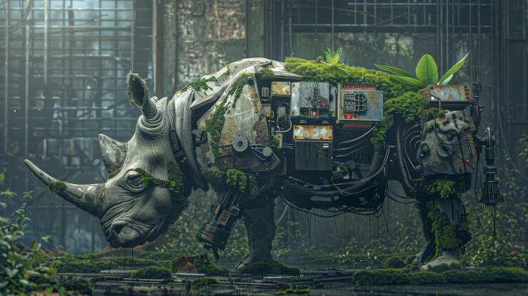 Foto grátis vista de meio rinoceronte com partes robóticas futuristas
