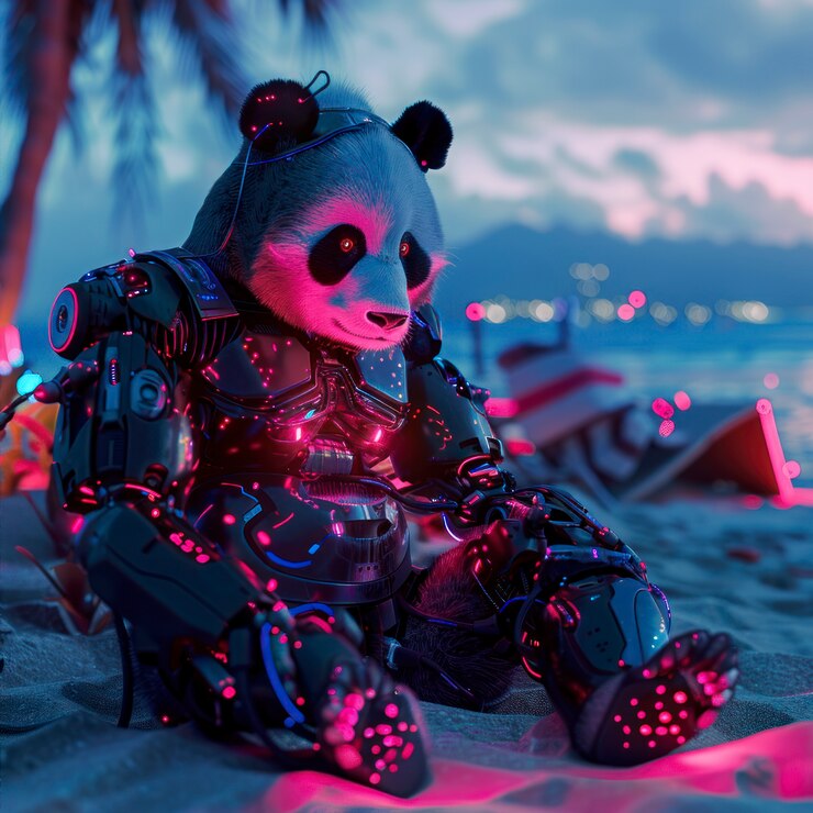 Foto grátis vista de meio robô meio urso panda com partes futuristas