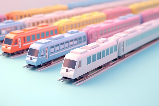 Vista de modelo de trem 3D com fundo colorido simples