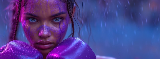 Foto grátis vista de mulher com luvas de boxe roxas para a celebração do dia da mulher